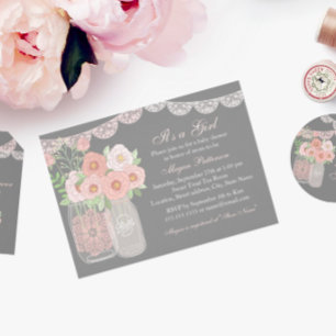 Sweet Mason Jar Pink & Grey Baby Shower Invitation