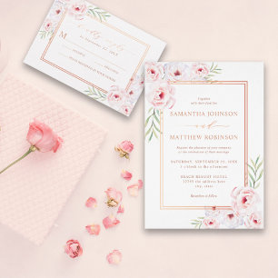 Elegant Pink Floral Watercolor Rose Gold Wedding Invitation