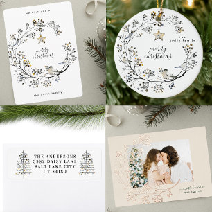 Organic Bird Merry Christmas Custom Text Ceramic Ornament