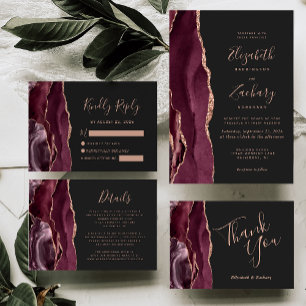 Burgundy Agate Rose Gold Dark Wedding Thank You Card