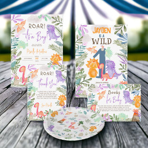 Cute watercolor dinosaurs greenery boy baby shower invitation