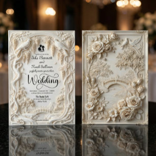 Faux Relief Carved Pastoral Birds Wedding Invitation
