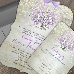 Elegant Pink and Purple Heart Leaf Tree Wedding All In One Invitation