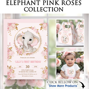 Elephant Girl Pink Floral 1st Birthday Invitation