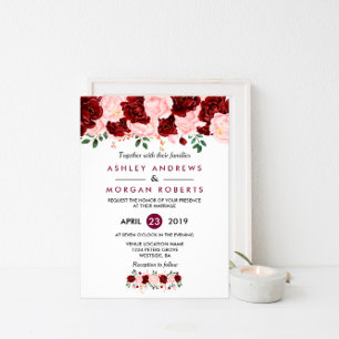 Wedding Invitation: Pink Burgundy Navy Blue Floral Magnetic Invitation