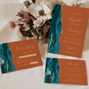 Teal Gold Agate Burnt Orange Rust Wedding Invitation