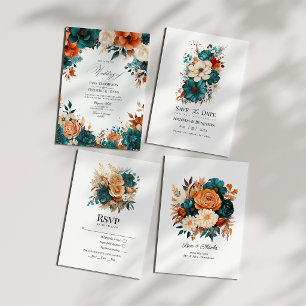 Teal Burnt Orange & Champagne Floral Wedding Invitation