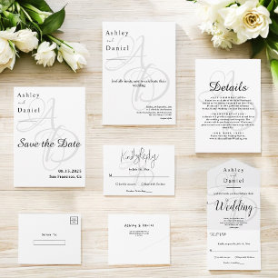 Elegant Minimal Black And White Monogram Wedding All In One Invitation