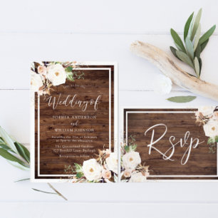 Blush White Flowers Silver Border Elegant Wedding Invitation