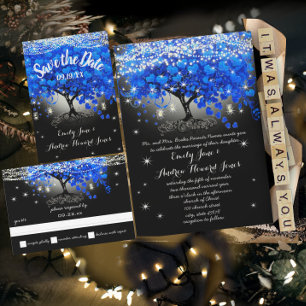 Elegant Royal Blue Heart Leaf Tree Wedding  All In All In One Invitation