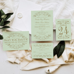 Invitation Mariage vintage vert et or antique
