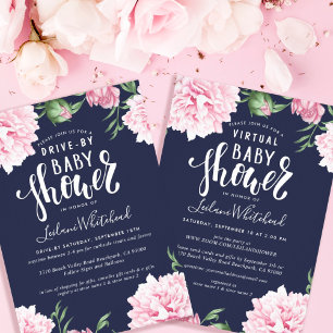 Drive-By Watercolor Pink Floral Navy Baby Shower Invitation