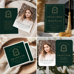Monogram Green Gold Photo Graduation Announcement