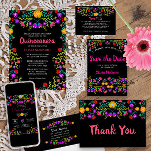 Pretty Mexican Fiesta Floral Black and Pink Save The Date