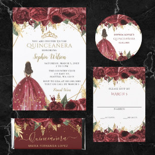Burgundy Gold Floral Butterfly Quinceañera Quince  Invitation