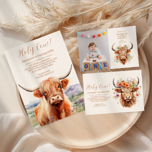 Photo Cute Highland Cow 1st Birthday Thank You Card