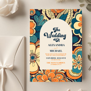 Colourful Modern Groovy Retro 70s Floral Wedding Save The Date