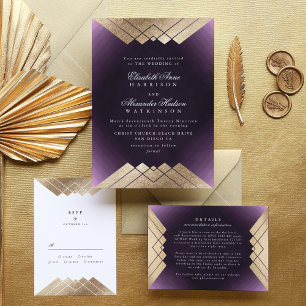 Geometric Purple Gold Gatsby Wedding Invitation