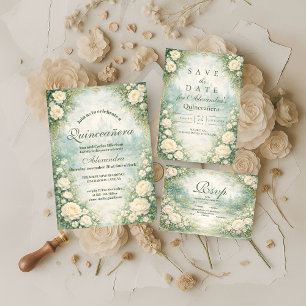 Green Floral Gold Garden Quinceañera Invitation