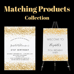 Birthday white gold glitter elegant invitation