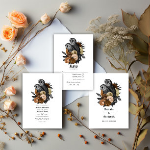 Vintage Glam Amber Owls Gothic Wedding QR Code Invitation