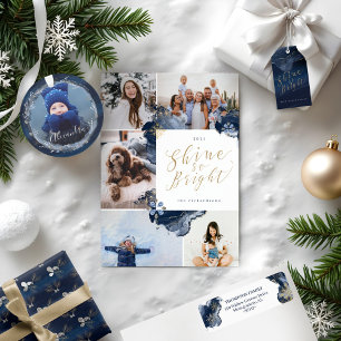 Navy & Gold Watercolor Gold Snowflakes & Jewels