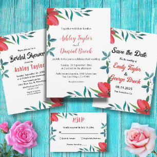 Elegant Watercolor Red Rose Floral Bridal Shower Invitation