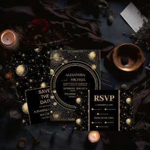 Mystical Black Gold Celestial Galaxy Wedding All In One Invitation