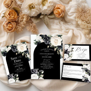 Save The Date Élégant Mariage floral noir et blanc