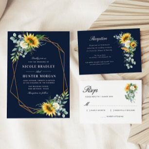 elegant sunflower eucalyptus navy blue wedding invitation
