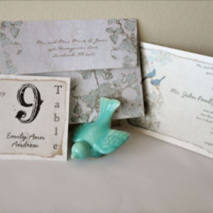 Cinnamon and Blue Love Bird Damask Wedding Invites