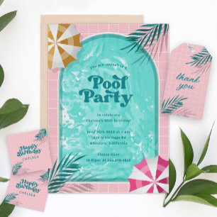 Palm Springs Summer Pool Party Pink Birthday Invitation
