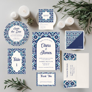Elegant Blue Mediterranean Tile Save the Date Card