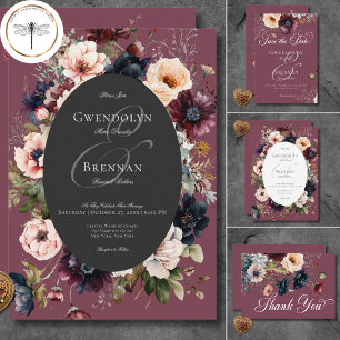 Invitation Moody foncé Bourgogne noir ovale cadre floral