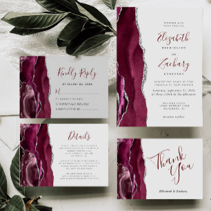 Modern Burgundy Silver Agate Light Grey Wedding Invitation