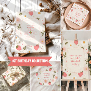 Berry First   Cute Strawberry Girl 1st Birthday Wrapping Paper