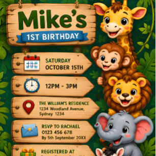 Invitation pour le 1er anniversaire Safari Animaux