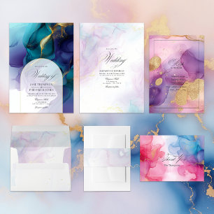 Soft Pastel Blue and Gold Alcohol Ink Wedding Invitation