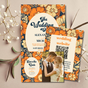 Colourful Modern Groovy Retro 70s Floral Wedding Save The Date