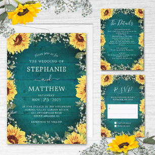 Rustic Sunflower Babys Breath Border Teal Wedding Invitation