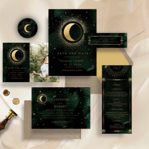 celestial midnight green gold stars Wedding Invitation
