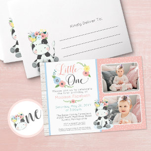 Baby Cow First Birthday Floral Calf Photo Collage Invitation