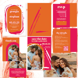 Retro Bold Neon Orange Pink Abstract Wedding Invitation