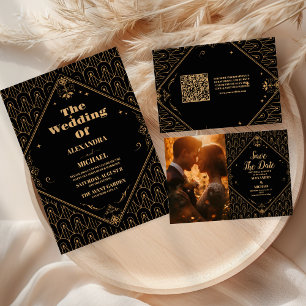 Black Gold Elegant Geometric Art Deco Wedding  Save The Date