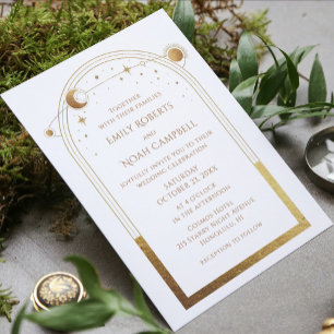 Mystical White Gold Sun Star Moon Astronomy Space All In One Invitation