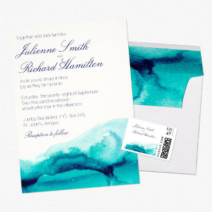 Turquoise Sea Teal Watercolor Wedding Invitation