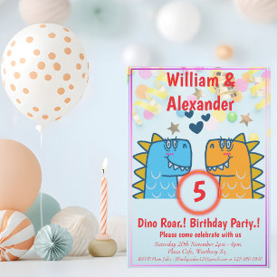 Twins Dino Roar Birthday Party  Invitation