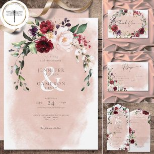 Rustic Burgundy & Blush Pink Roses Wedding Invitation