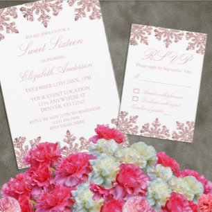 Pink Rose Gold Snowflake Winter Sweet 16 Invitation