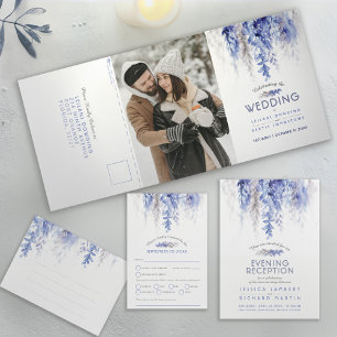 Watercolor vine dark blue grey winter wedding RSVP All In One Invitation